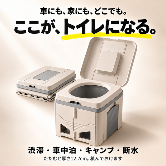 どこでもトイレ｜折りたたみポータブルトイレ 災害対策・キャンプ・車中に。たたんで厚さ12.7cm